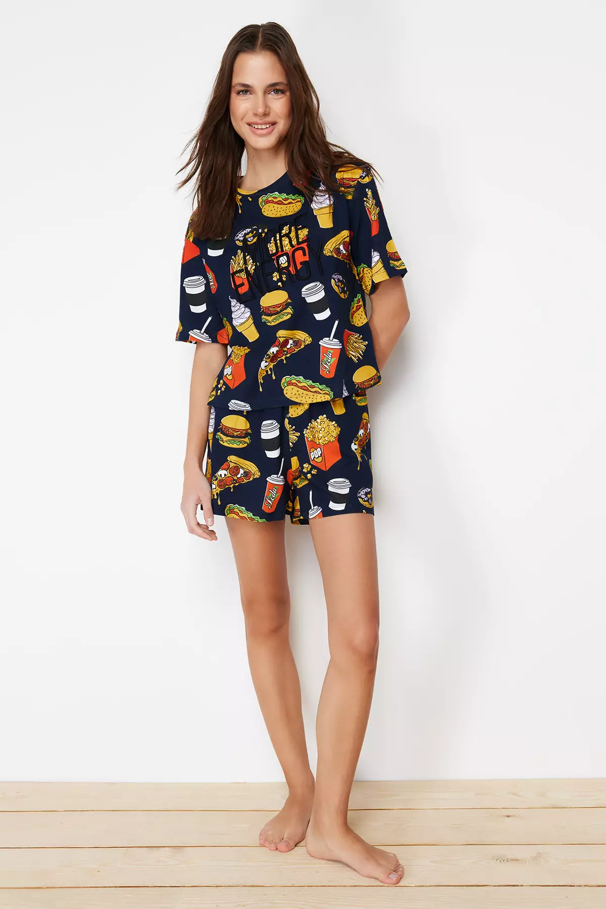 Navy Blue-Multi Colorful Slogan Embroidered Knitted Pajama Set With Shorts