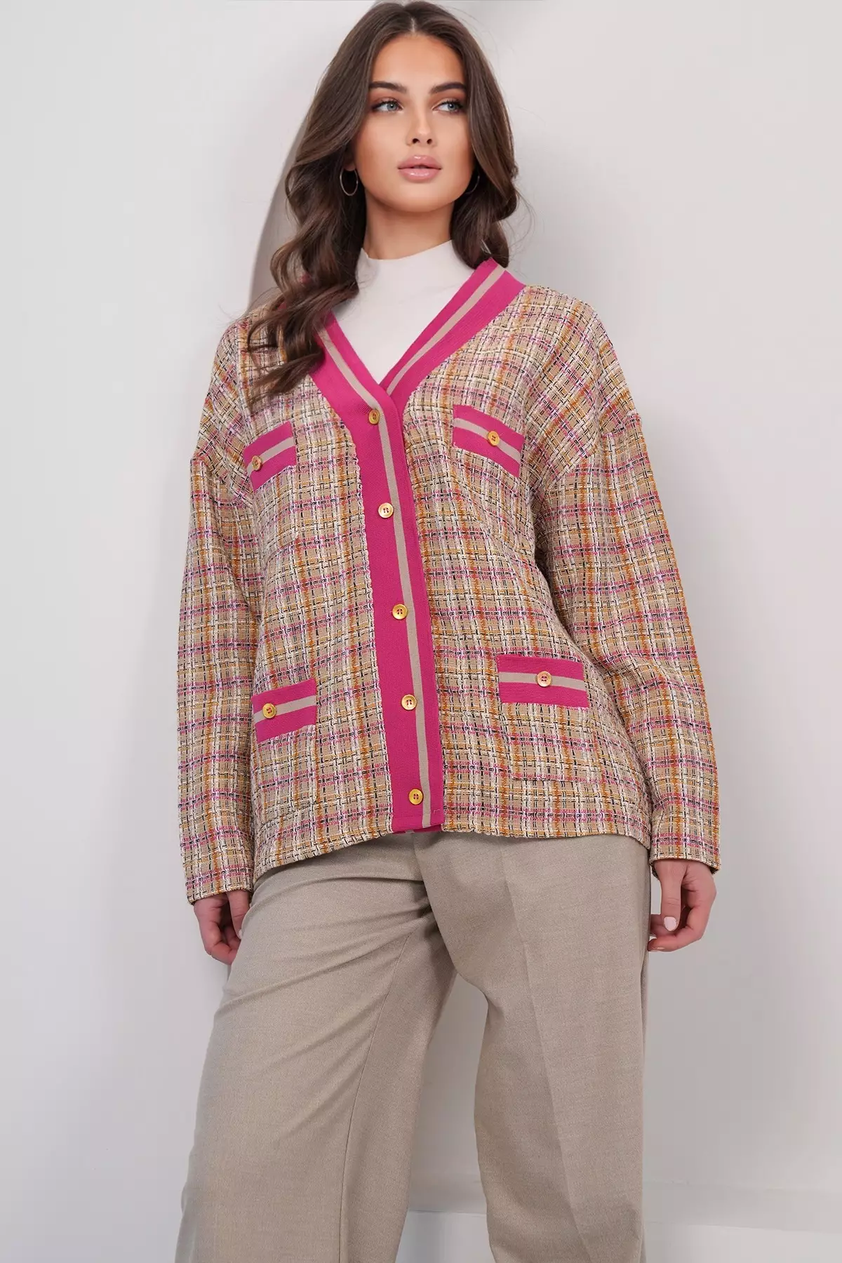 Women'S Fuchsia Pocket Detailed Tweed Ribbed Unlined Jacket Alc-X14979