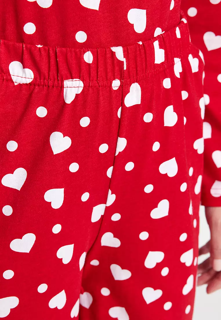 Red 100% Cotton Heart T-shirt-Pants Knitted Pajama Set THMAW24PT00124