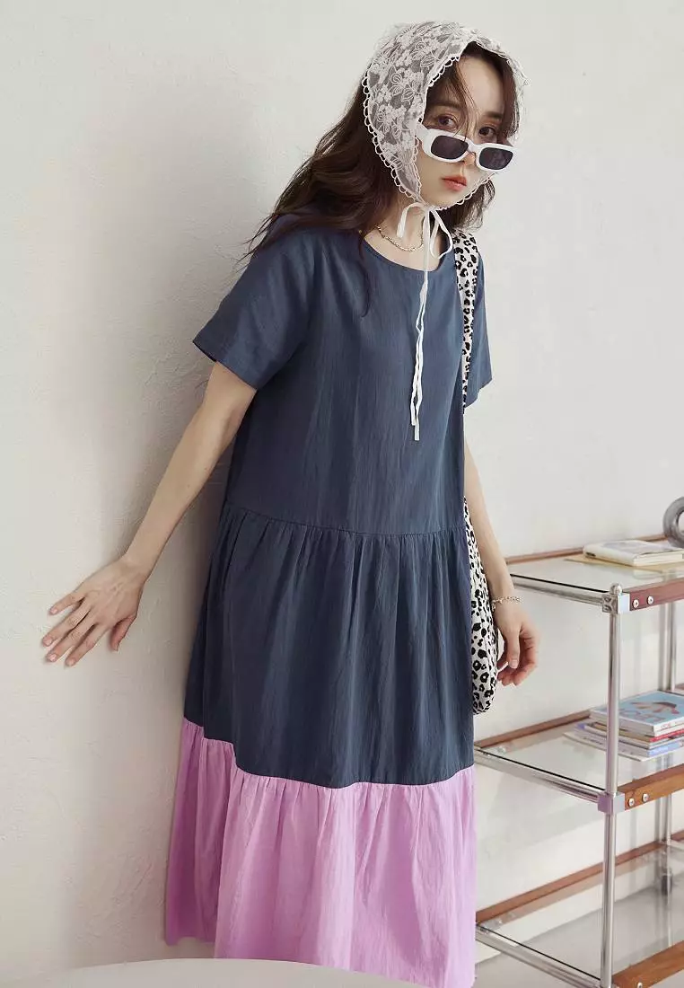 純棉撞色蛋糕裙傘襬短袖長洋裝《DA10519》