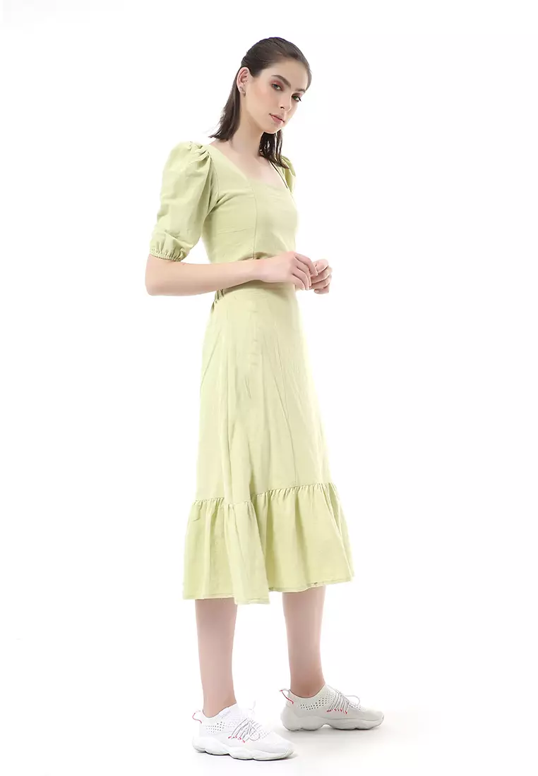 Nayra One Set Setelan Wanita Blouse Ruffle Lengan Pendek Midi Skirt Material Linen ORIGINAL - Green Olive