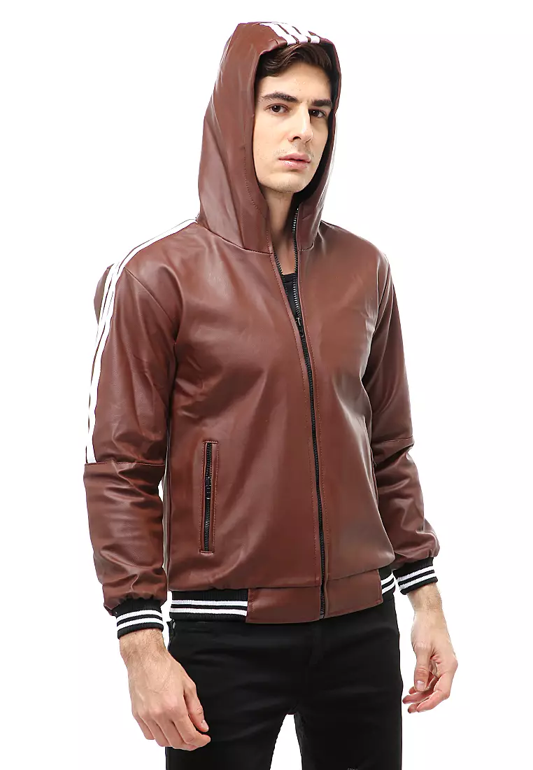 Halbert Outerwear Jaket Kulit Hoodie Pria Model List Material Leather ORIGINAL - Dark Brown