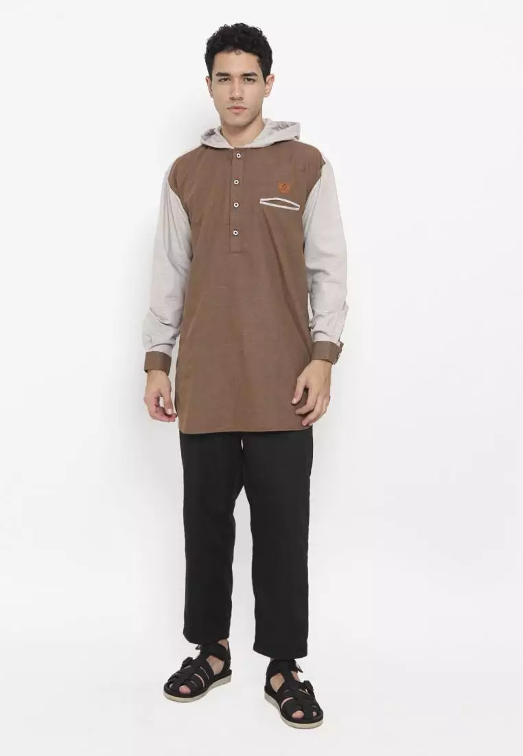 Zayidan Baju Koko Gamis Muslim Pria Zafri Hoodie - Cokelat