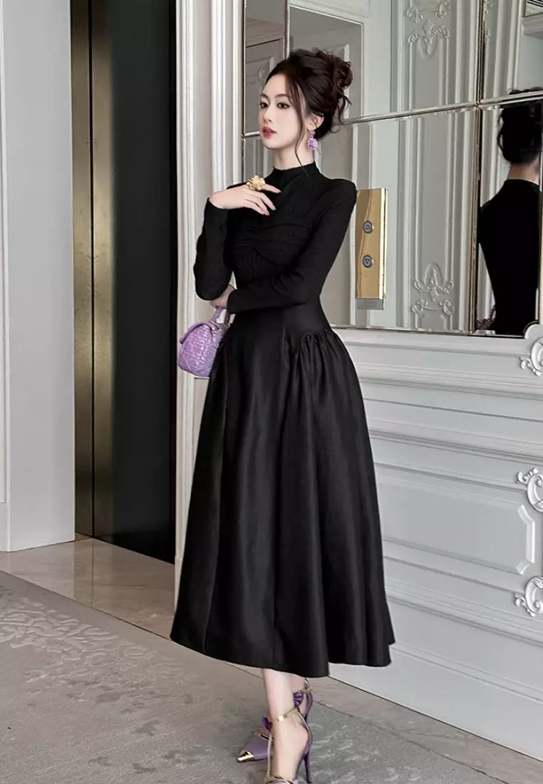 New French-style stand-up collar slim-fit black dress CA25110332BK