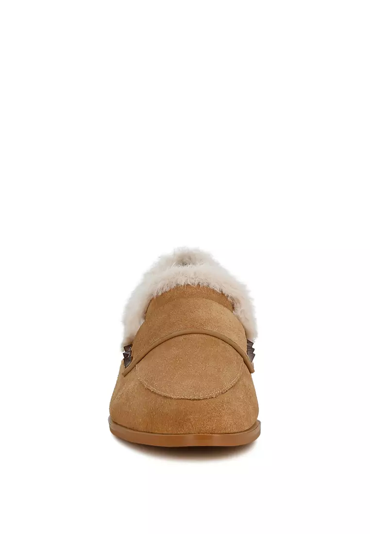Fur Trim Suede Loafers in Beige