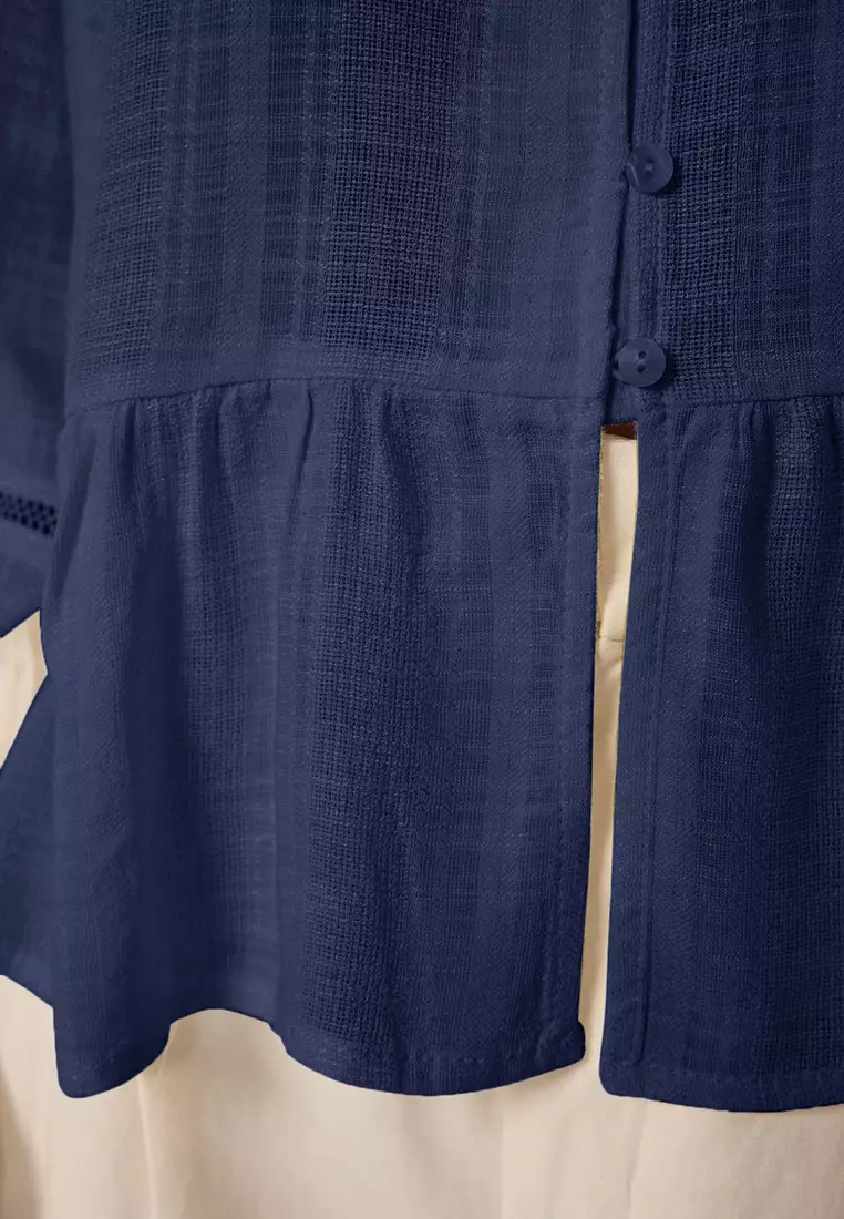 Navy Blue Cotton Textured Fabric Laced Sleeve Regular Regular Fit Woven Shirt