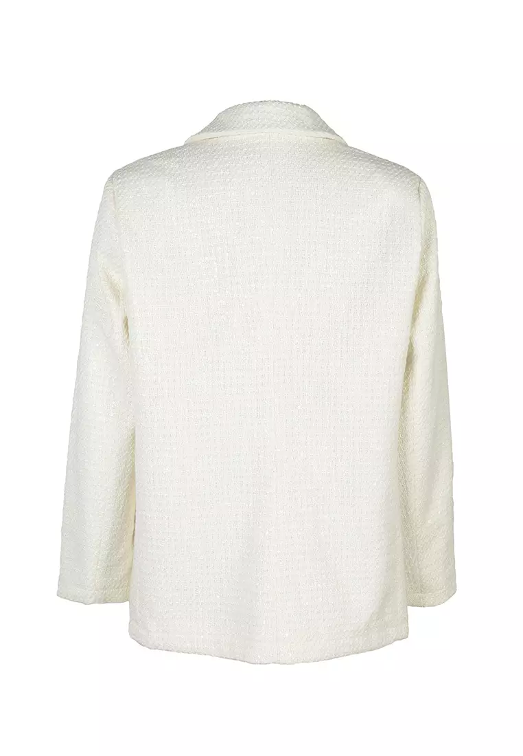 Blazer Kebesaran Berhias Payet dalam Warna Putih