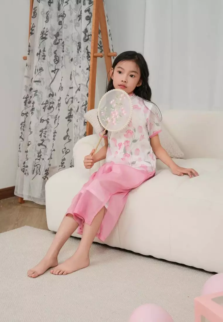 蓮花圖案嬰兒女童旗袍上衣及褲子套装0847