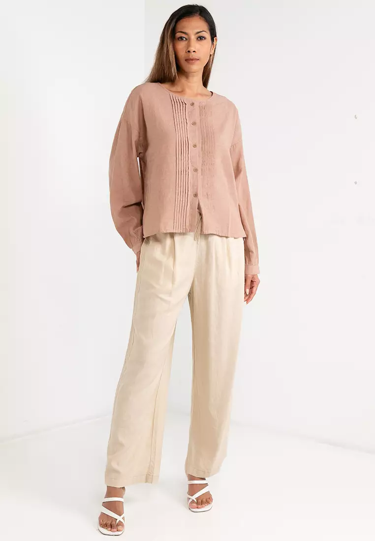 Buy Giordano Women's Linen Cotton Loose Fit Pleated Shirt 05344205