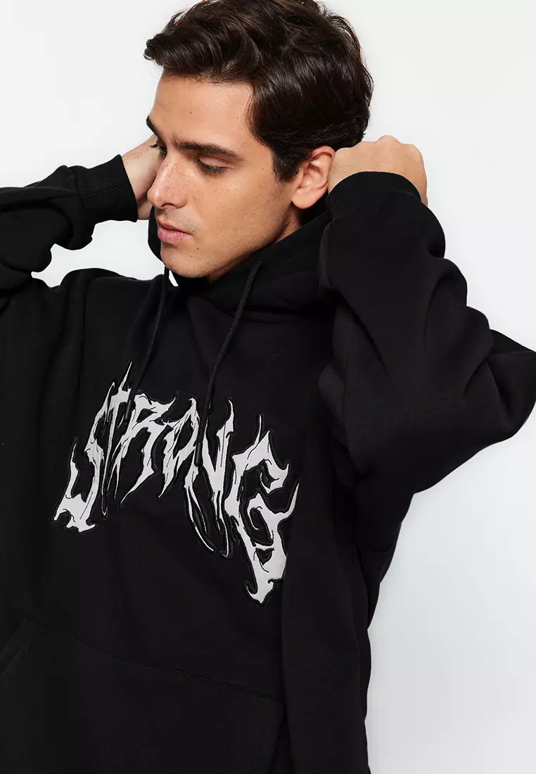 Black Oversize/Wide Cut Fleece Hooded Sweatshirt With Text Embroidery