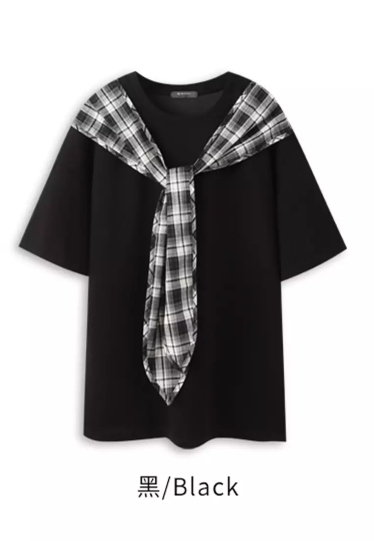 太空棉休閒領巾造型寬鬆短袖上衣《AB21054》