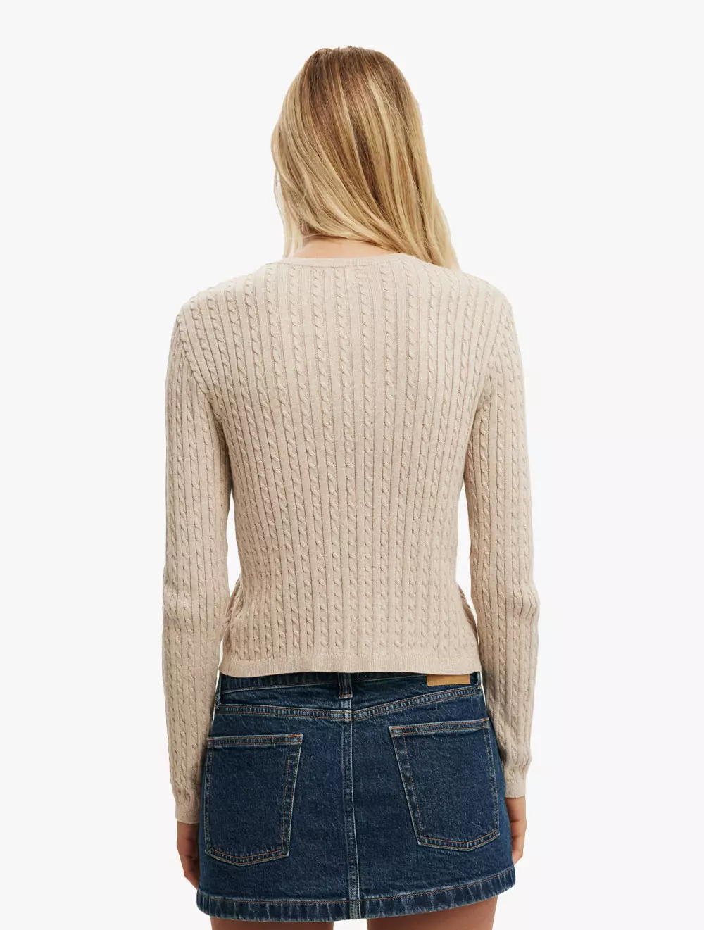 COTTON ON - PAKAIAN - COTTON CREW NECK CARDIGAN - OATMEAL CABLE