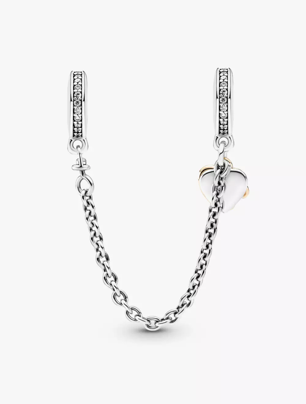 Heart and infinity sterling silver and Pandora Rose safety chain with clear cubic zirconia