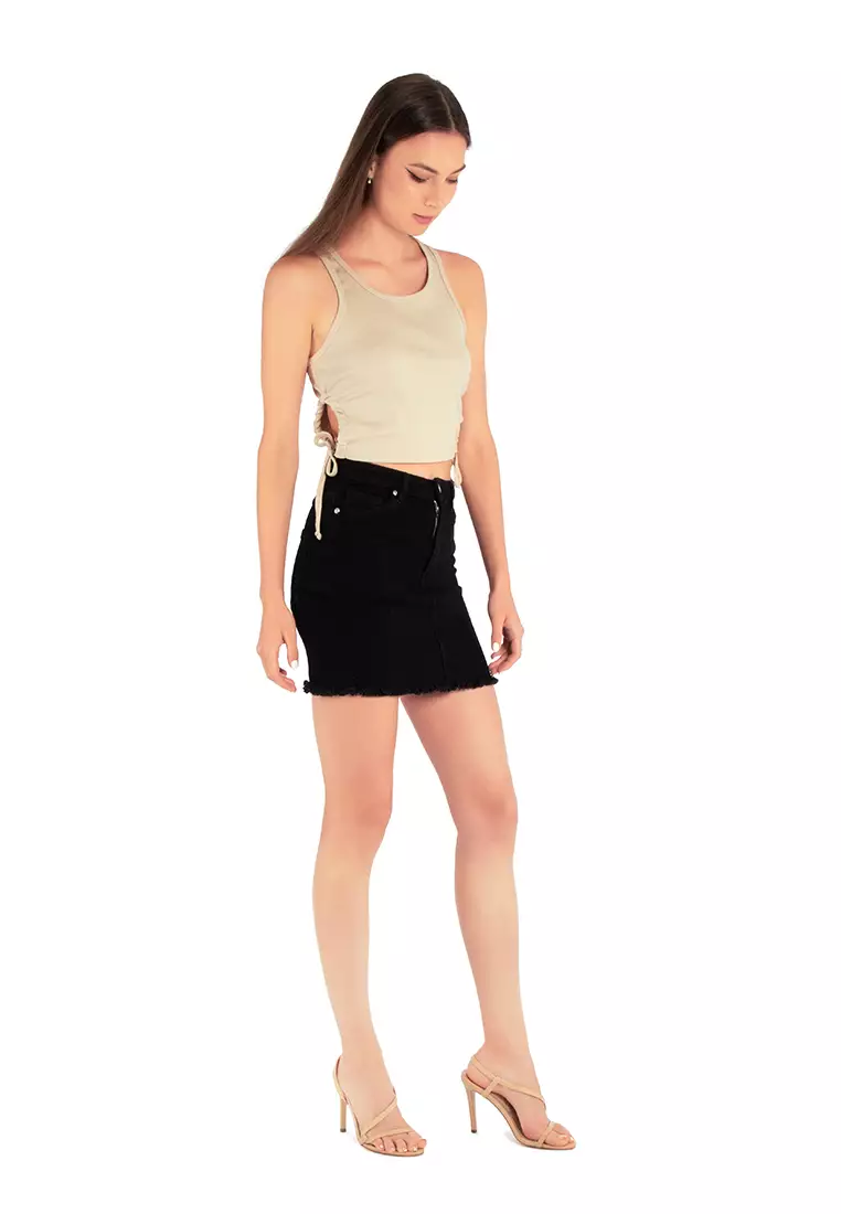 Raw Hem Black Denim Mini Skirt