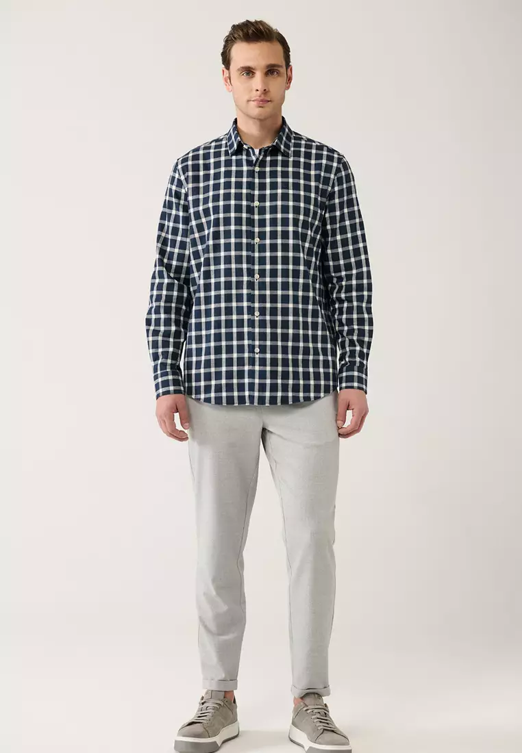 Men's Navy Blue-White Cotton Plaid Flannel Lumberjack Shirt A32Y2158