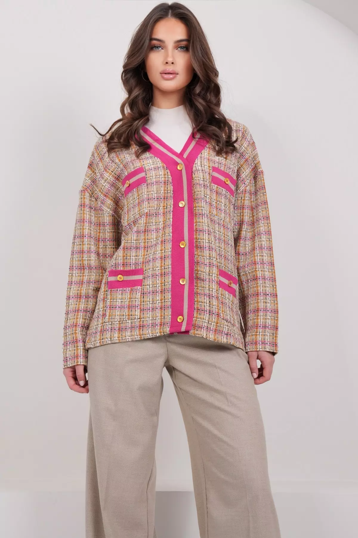 Women'S Fuchsia Pocket Detailed Tweed Ribbed Unlined Jacket Alc-X14979
