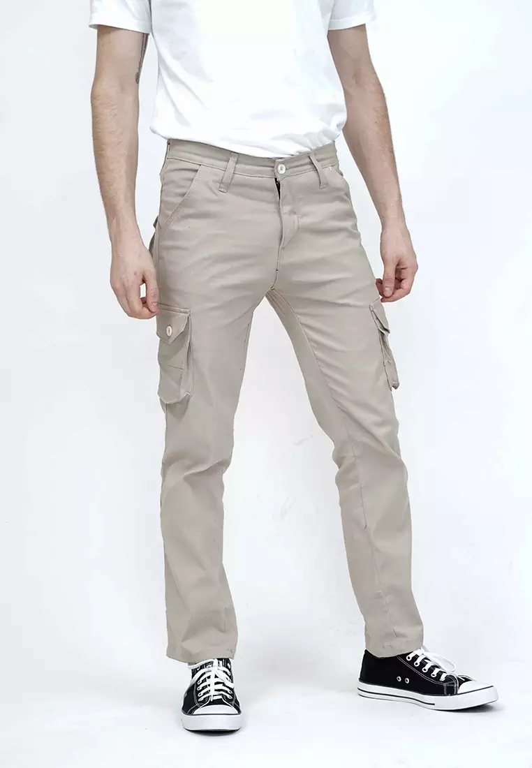 Celana Panjang kargo Pria Slim Fit Cargo pants kantong stretch melar Krim