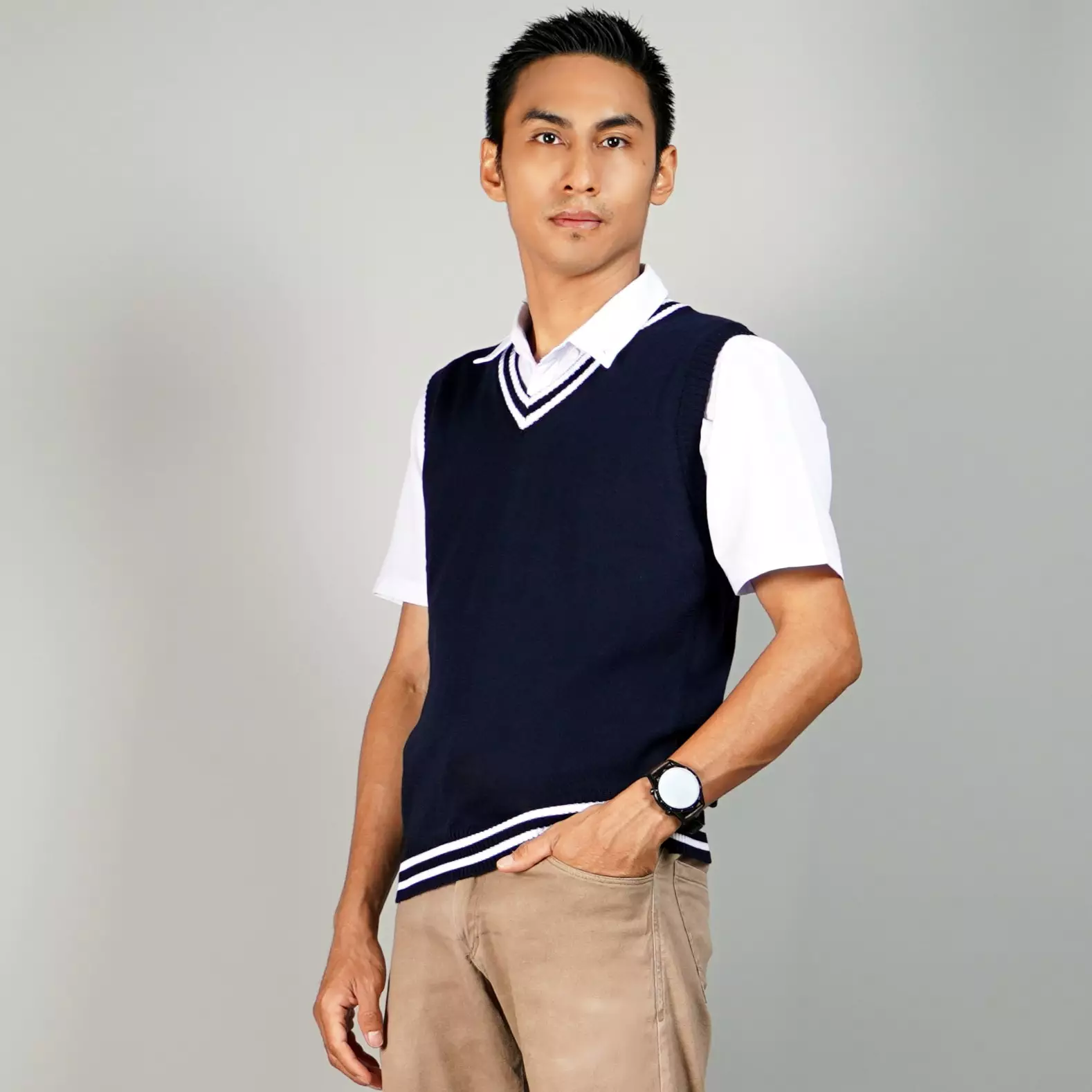 VICKO Rompi Navy Pria Rompi SMP Rompi List Putih Knit Vest Outer Pria - NAVY