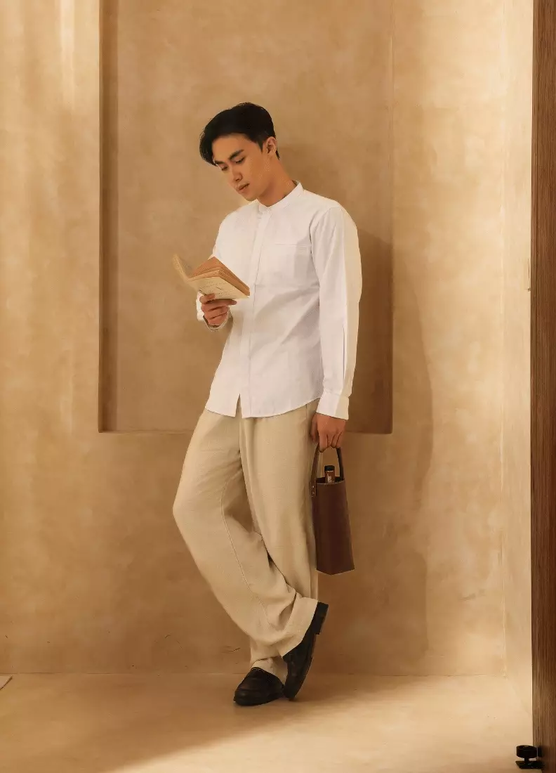 POLICE Kemeja Koko Polos Putih Regular Fit Lengan Panjang Pria