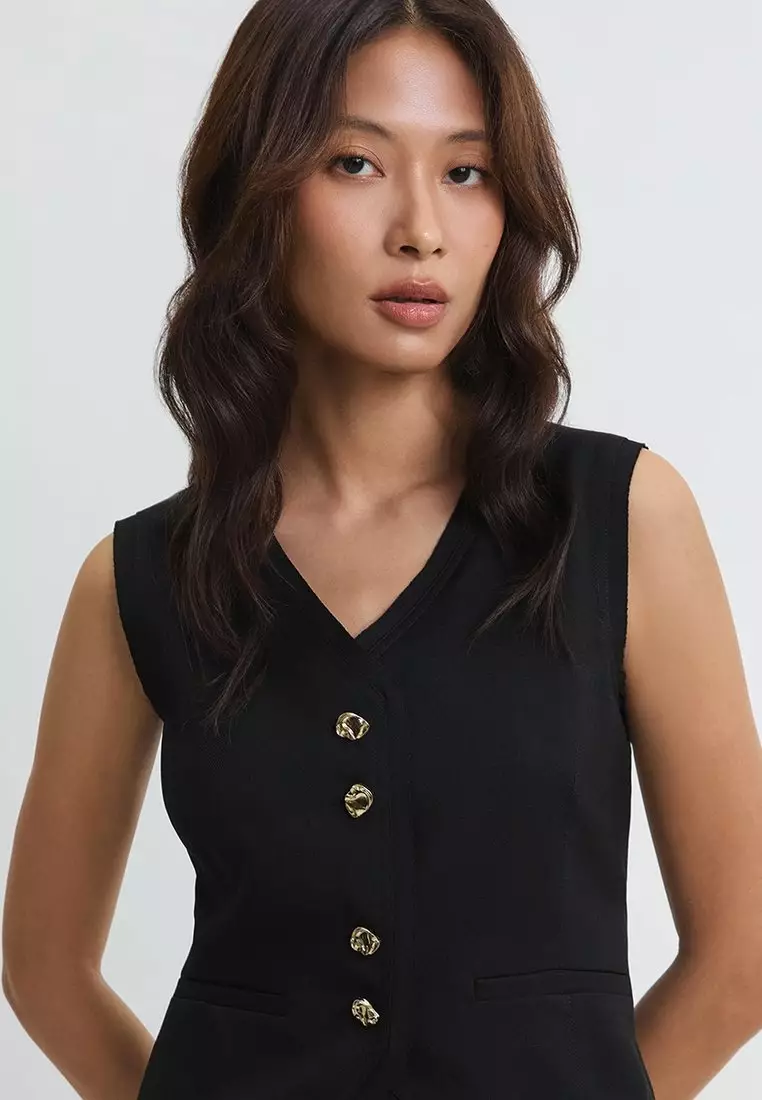 Tailored Button Front Vest - Black