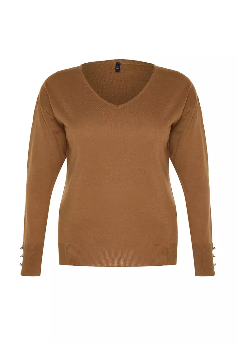 Mink V-Neck Button Detailed Knitwear Sweater Tbbaw23An00043