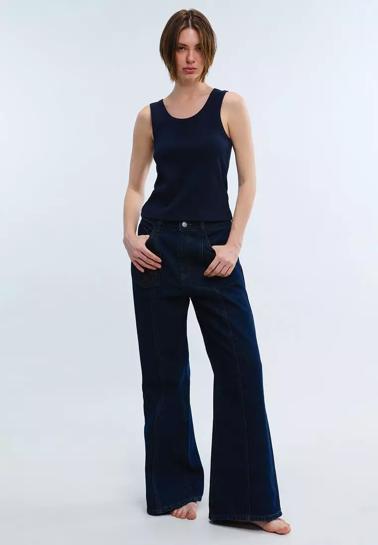 Ribbed Scoop Neck Tank Top - Blue