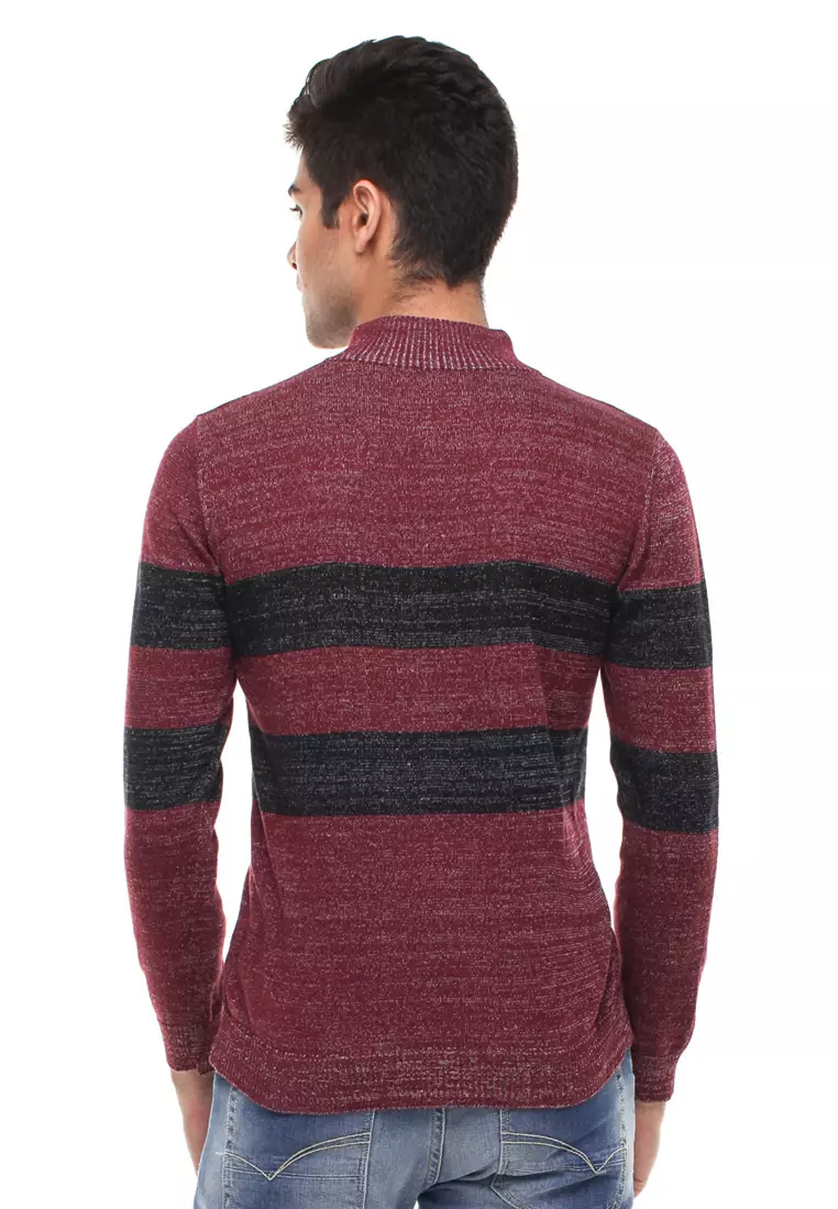 Johnwin - Sweater Pria - Garis Hitam - Merah