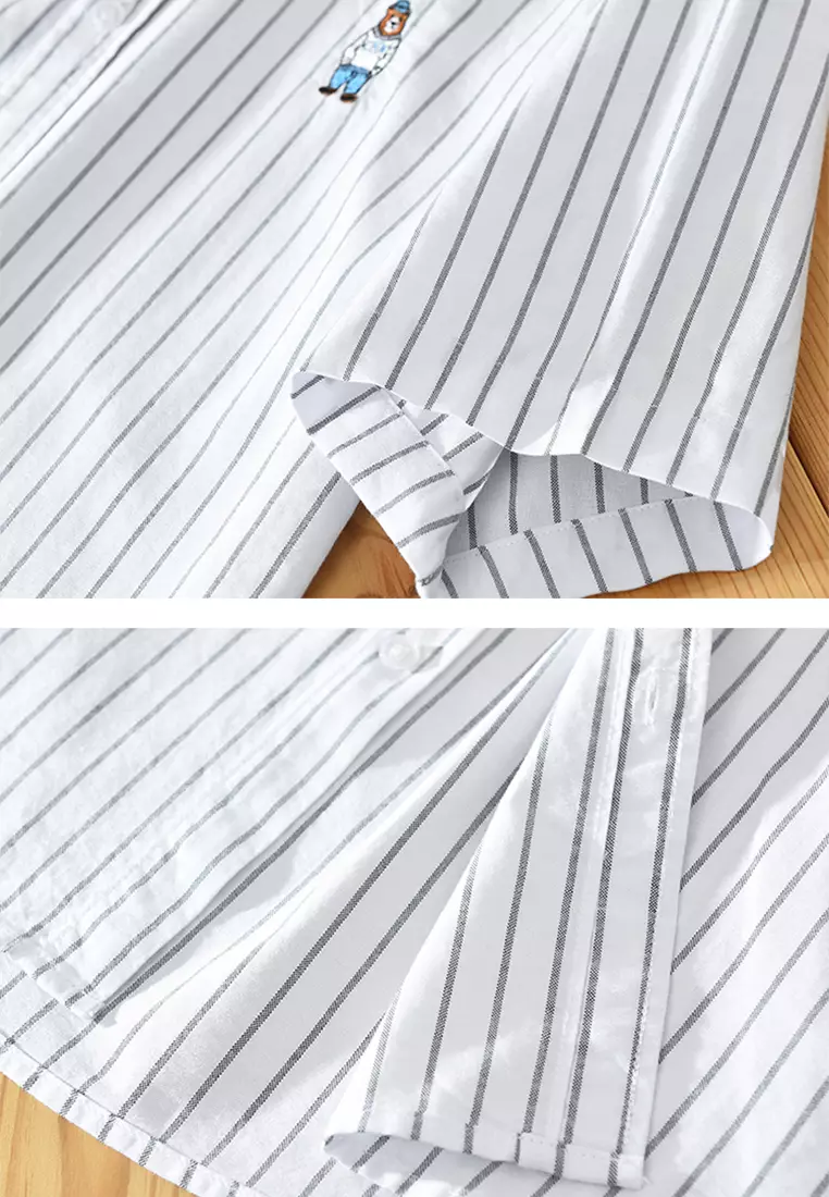 Cartoon Embroidery Stripe Short-Sleeved Shirt WM8869