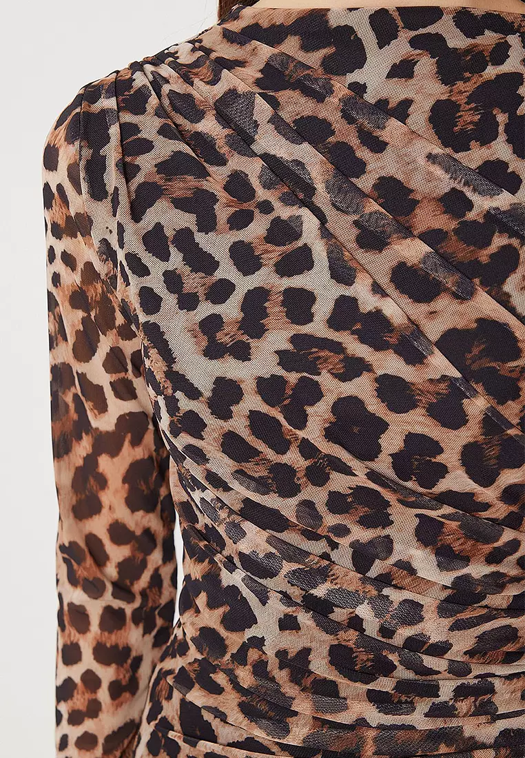 Leopard Patterned Pleated Wrap Tulle Dress