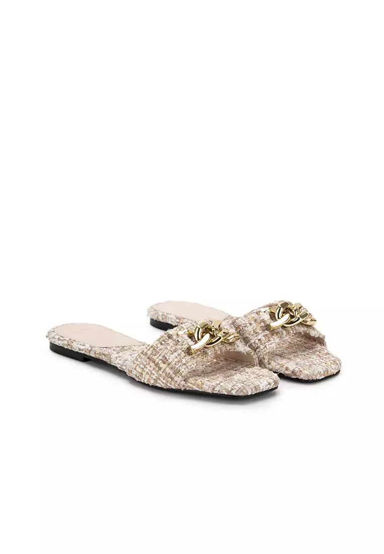 TWEED WITH EMBELLISHED CHAIN FLAT SLIDE
