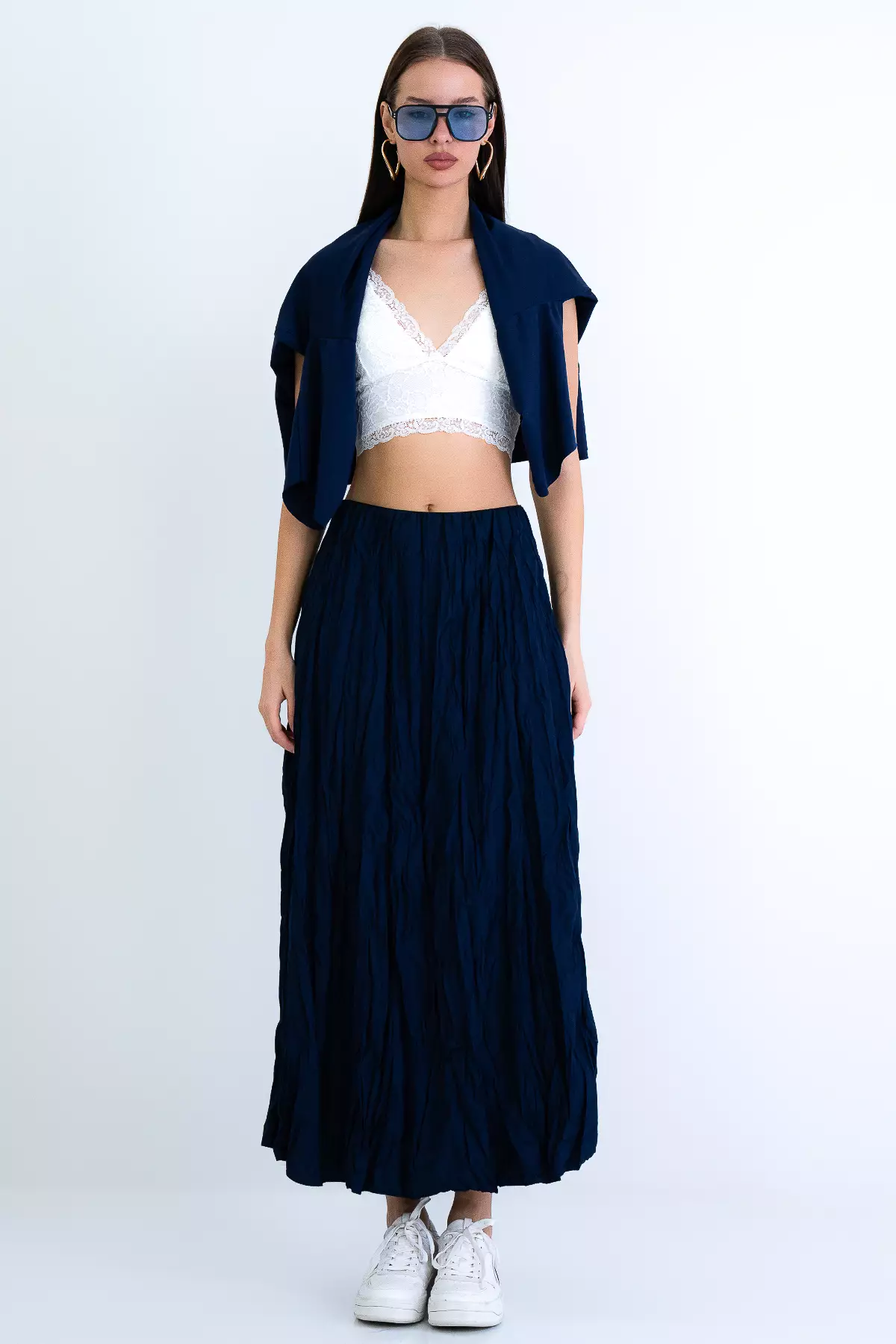 Navy Blue Soft Crush Textured Midi Skirt Alc-X15225