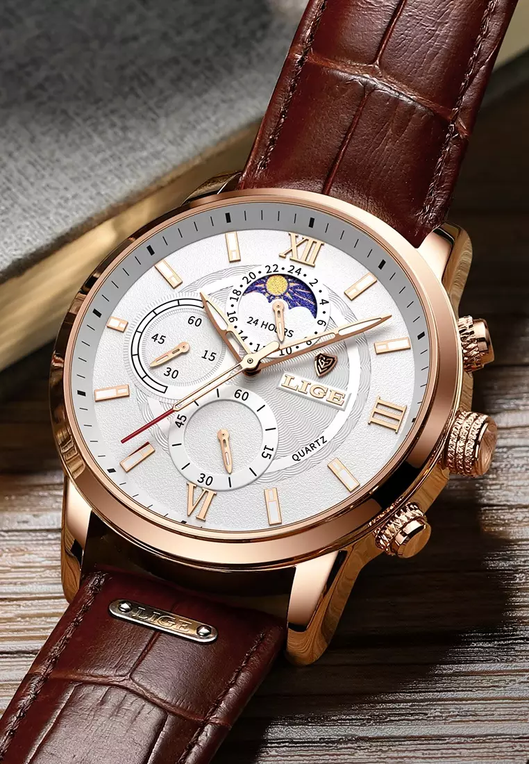 Chronograph, Unisex, IP Rose Gold Stainless Steel Quartz Watch 43mm, white dial, on Brown Leather Strap