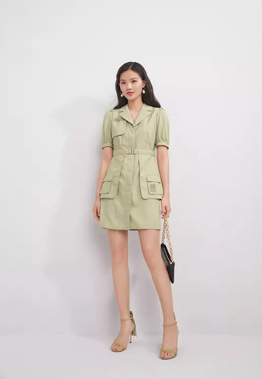 Puff Sleeve Single Breasted Mini Dress
