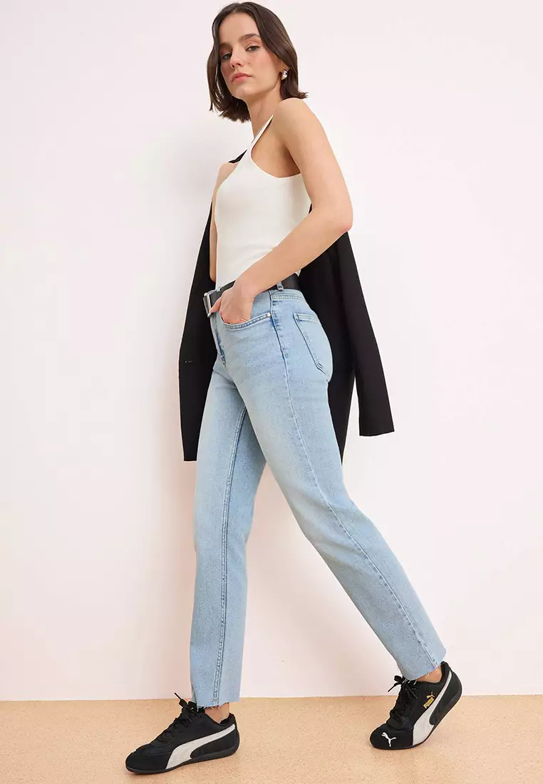 Light Blue High Waist Medium Stretchy Straight Leg Straight Jeans Twoaw26Je26