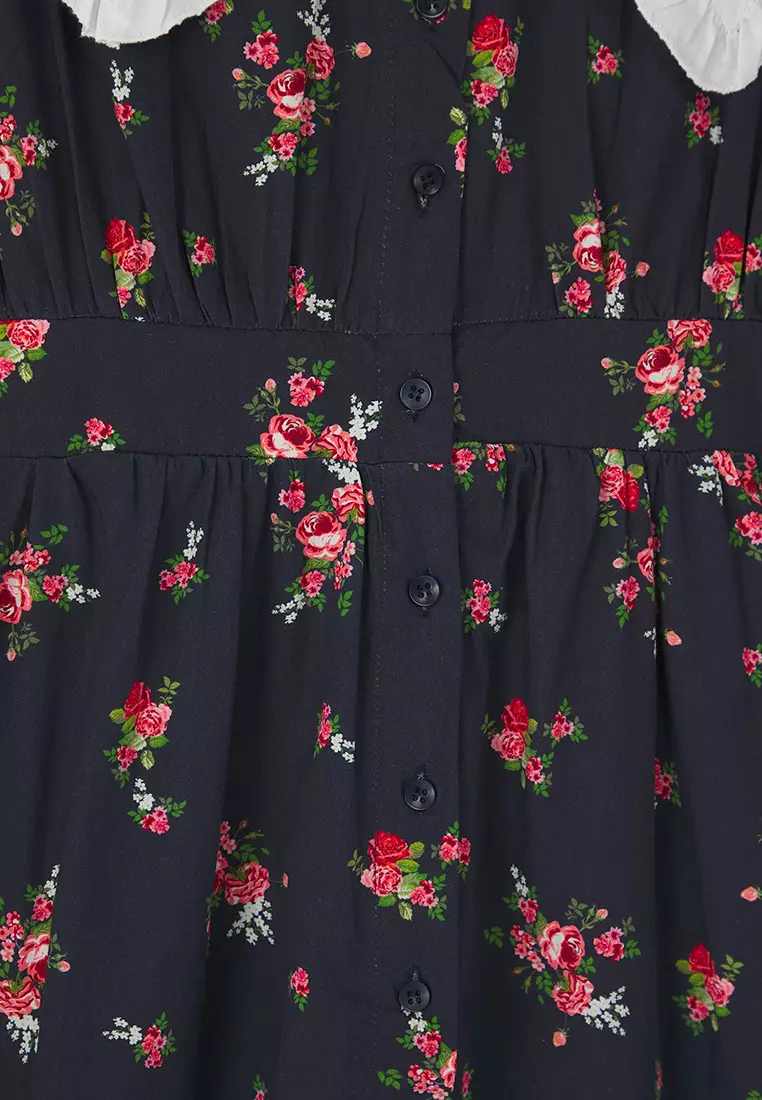 Multicolored Floral Poplin 100% Cotton Baby Collar Midi Woven Plus Size Dress TBBSS25AH00158