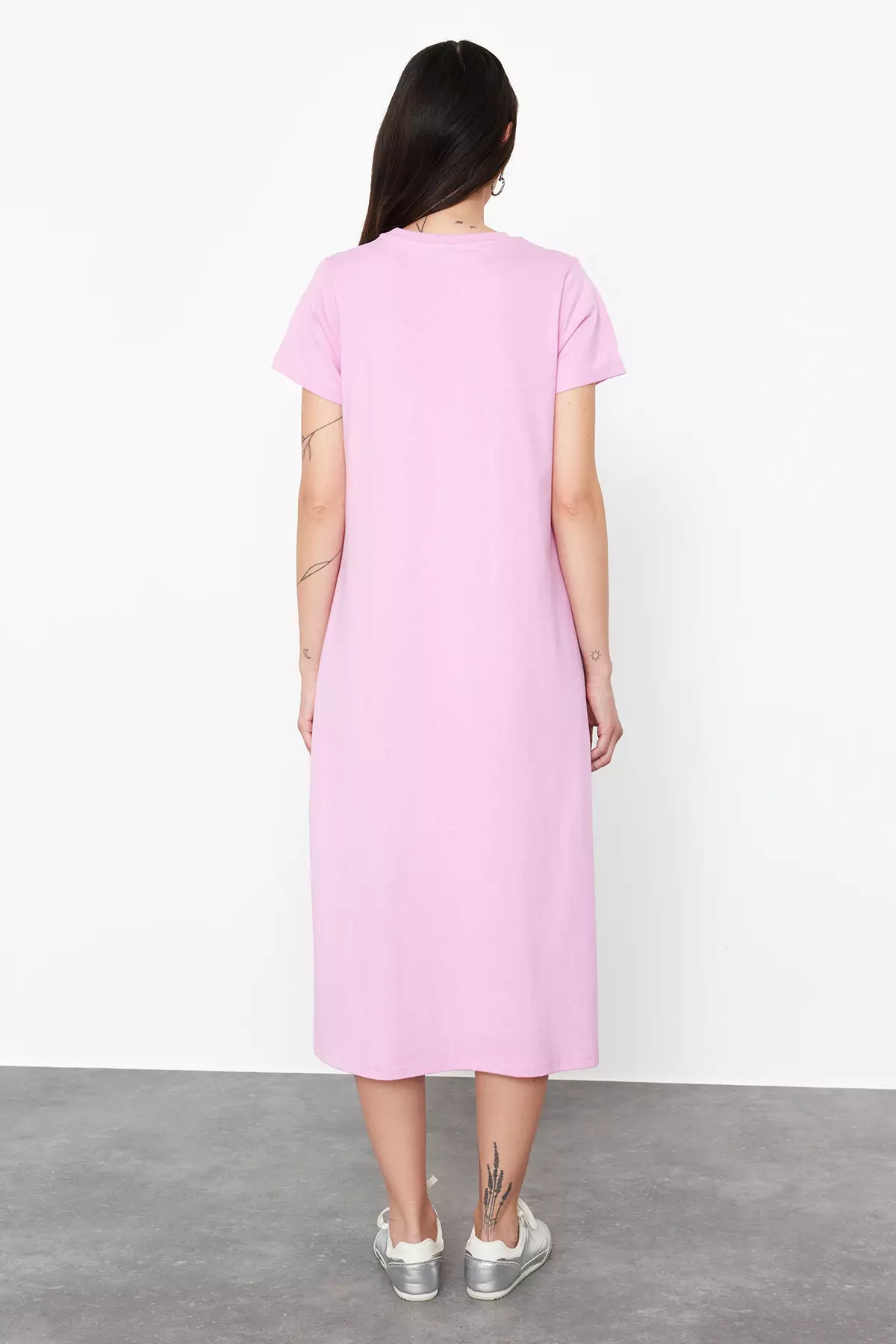 Pink Midi Knitted Dress Plain T Shirt Pocket