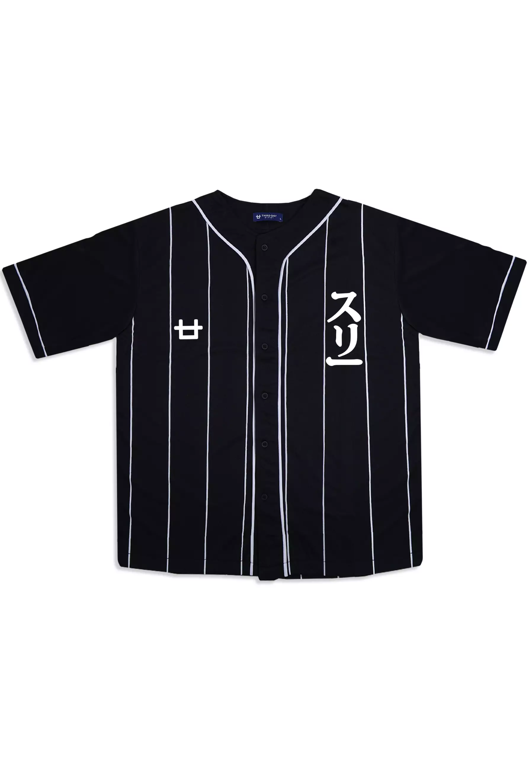 MTV04 Kaos Baseball Jersey Hitam Garis Logo 3 Katakana hitam