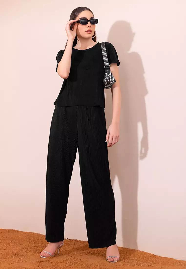 Black Pleated Top And Trousers Co-ord Set