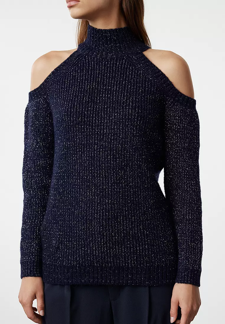 Navy Blue Glitter Cut Out Detailed Knitwear Sweater
