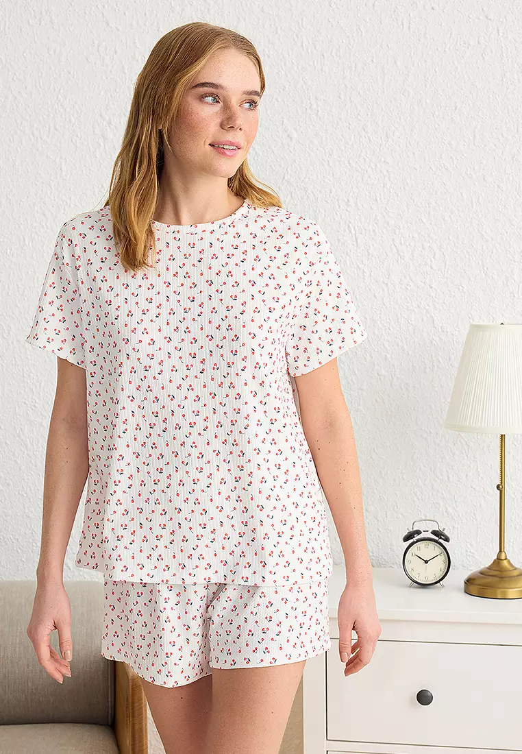 櫻桃印花紋理皺褶針織睡衣套裝