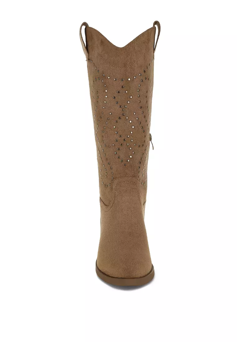 Studs Embellished Cowboy Boots in Camel