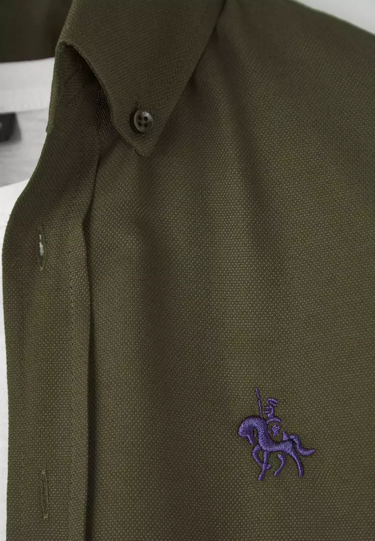 Dark Khaki Regular Fit Embroidery Detailed Oxford Easy Iron Smart Shirt
