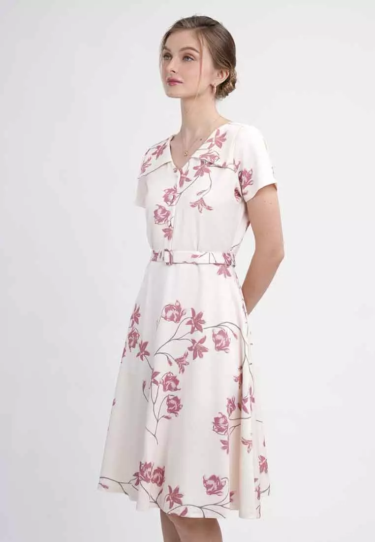 Zelina Vintage Floral Print A-Line Midi Dress