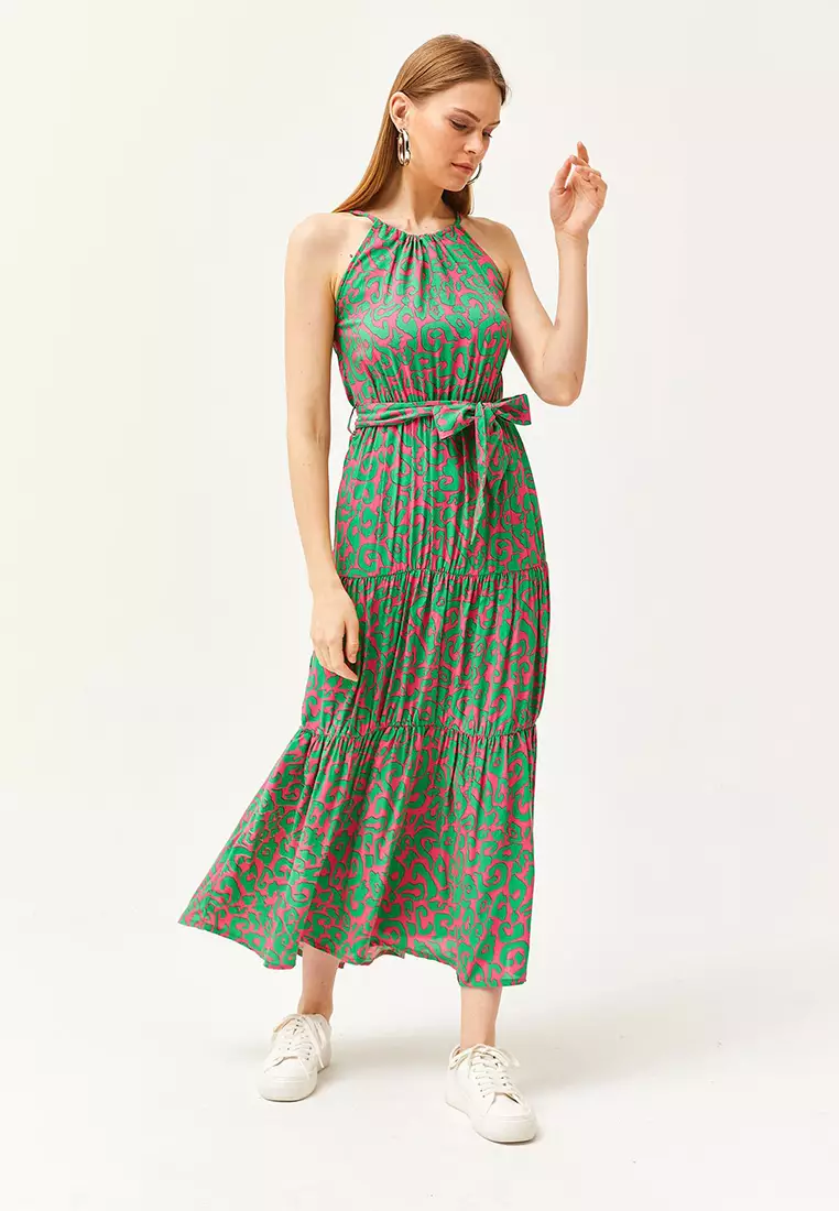Halter Neck Belted Woven Viscose Dress