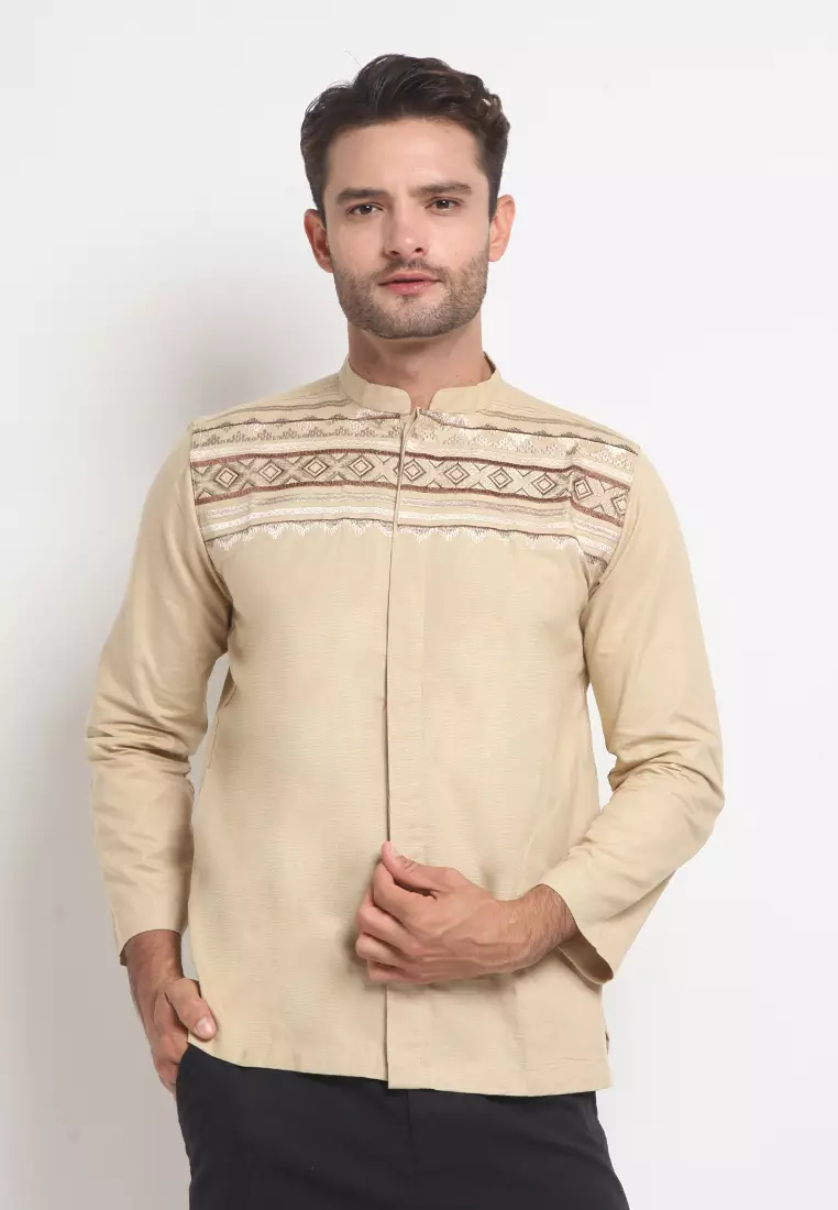 LARUSSO Big Size Kemeja Koko Bordir Katun Dobby Panjang - Beige L019