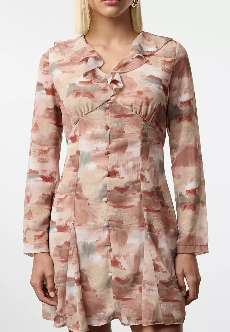 Brown Abstract Patterned A-Line Mini Lined Woven Dress TWOAW25EL00477