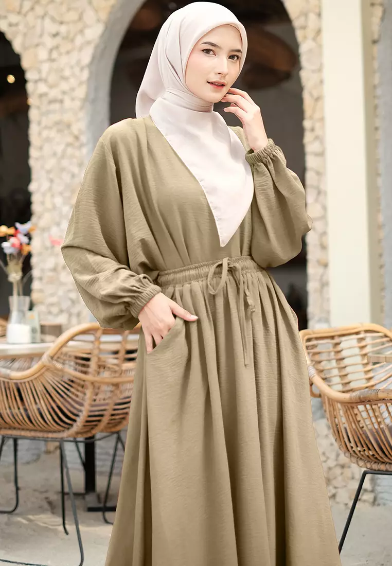 JV Hasanah Set Rok Baju Kurung Selena Beige | Setelan Rok Crinkle Jumbo Busui