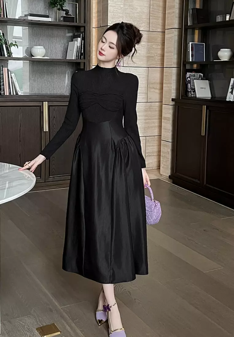 New French-style stand-up collar slim-fit black dress CA25110332BK