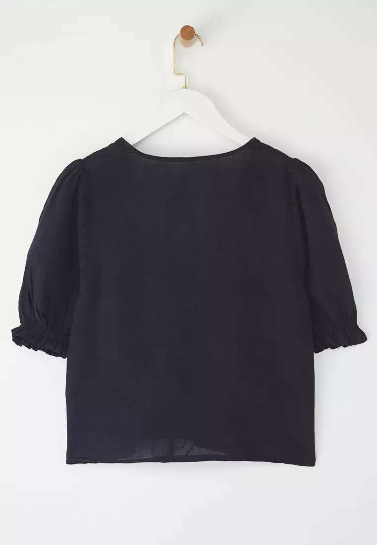 Navy Blue 100% Linen Binding Detailed Shirt TWOSS25GO00123