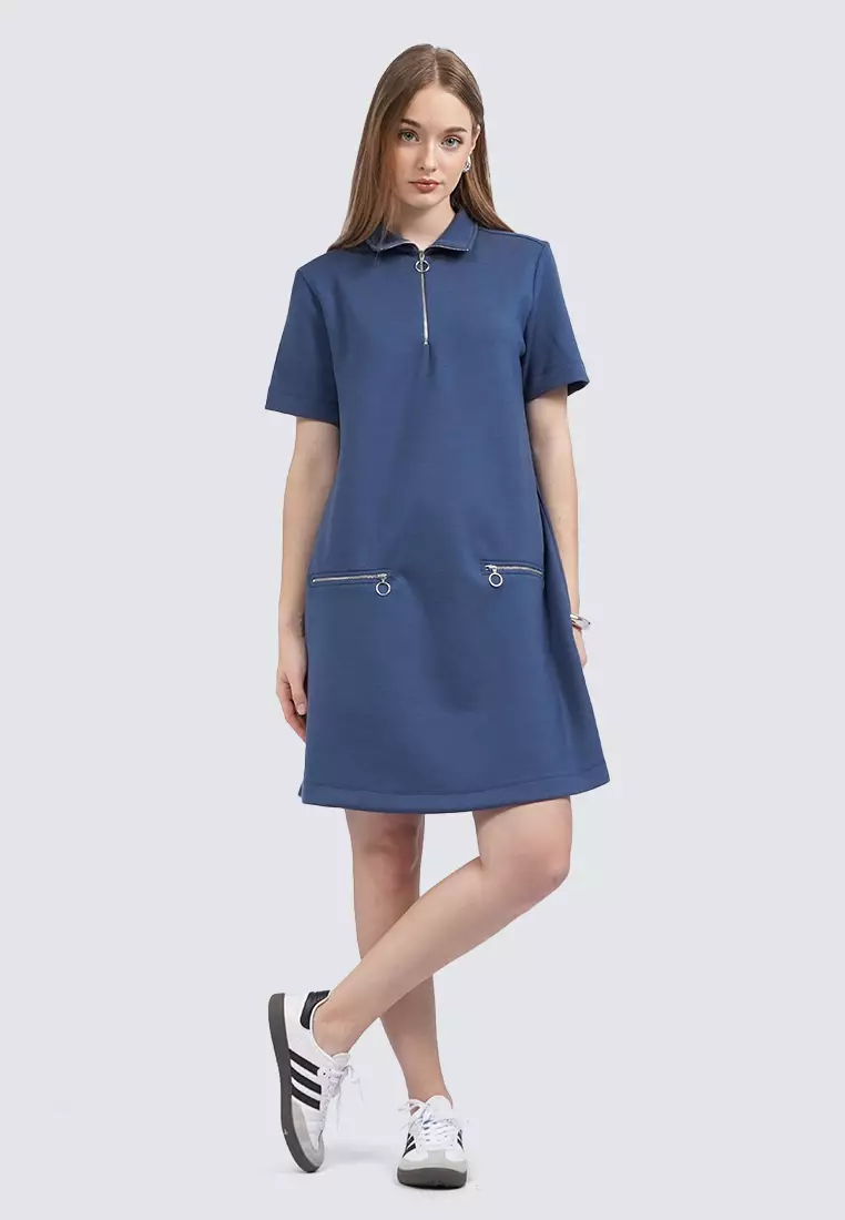 Mini Dress with Zipper Details DARK BLUE
